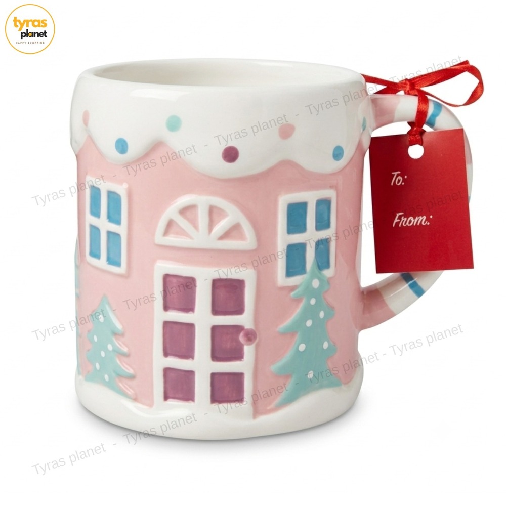 NEW Pink GINGERBREAD HOUSE MUG LIGHT PINK Trees Snow Christmas Holiday LANG
